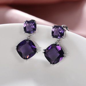 Noble Royal Purple Double Square Zircon Silver Plated Drop Earrings, P1016